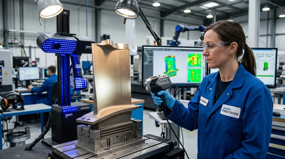 Precision high pressure turbine blade inspection in engineering facility (AI Generated Image)