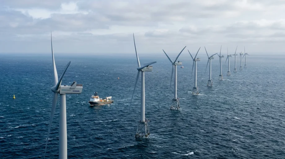 Offshore wind turbines coated in RAL 7035 light grey in the sea (AI Generated Image)