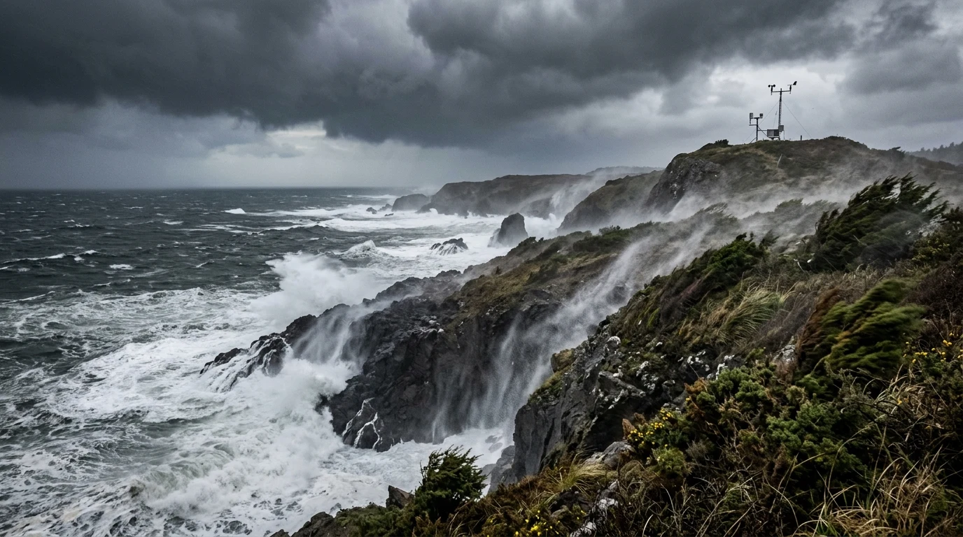 Extreme ocean storm with violent wind gusts representing 408 km/h record speed (AI Generated Image)