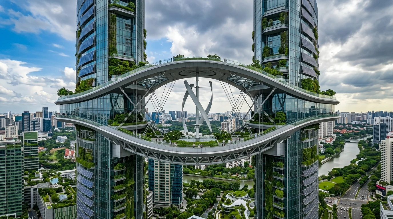 Wind turbine installed between twin skyscraper bridges (AI Generated Image)