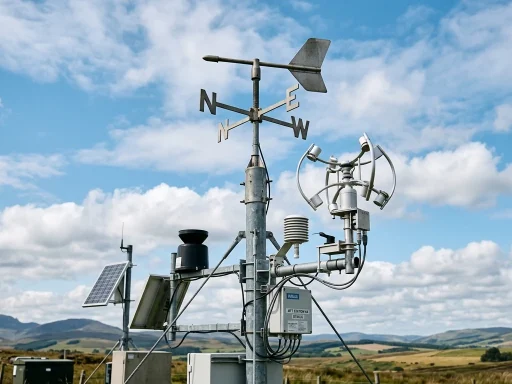 How Is Wind Direction Described: Coming From vs Going To Explained 3 Weather station vane and ultrasonic anemometer showing wind direction compass (AI Generated Image)