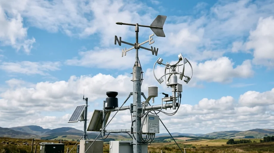 Weather station vane and ultrasonic anemometer showing wind direction compass (AI Generated Image)