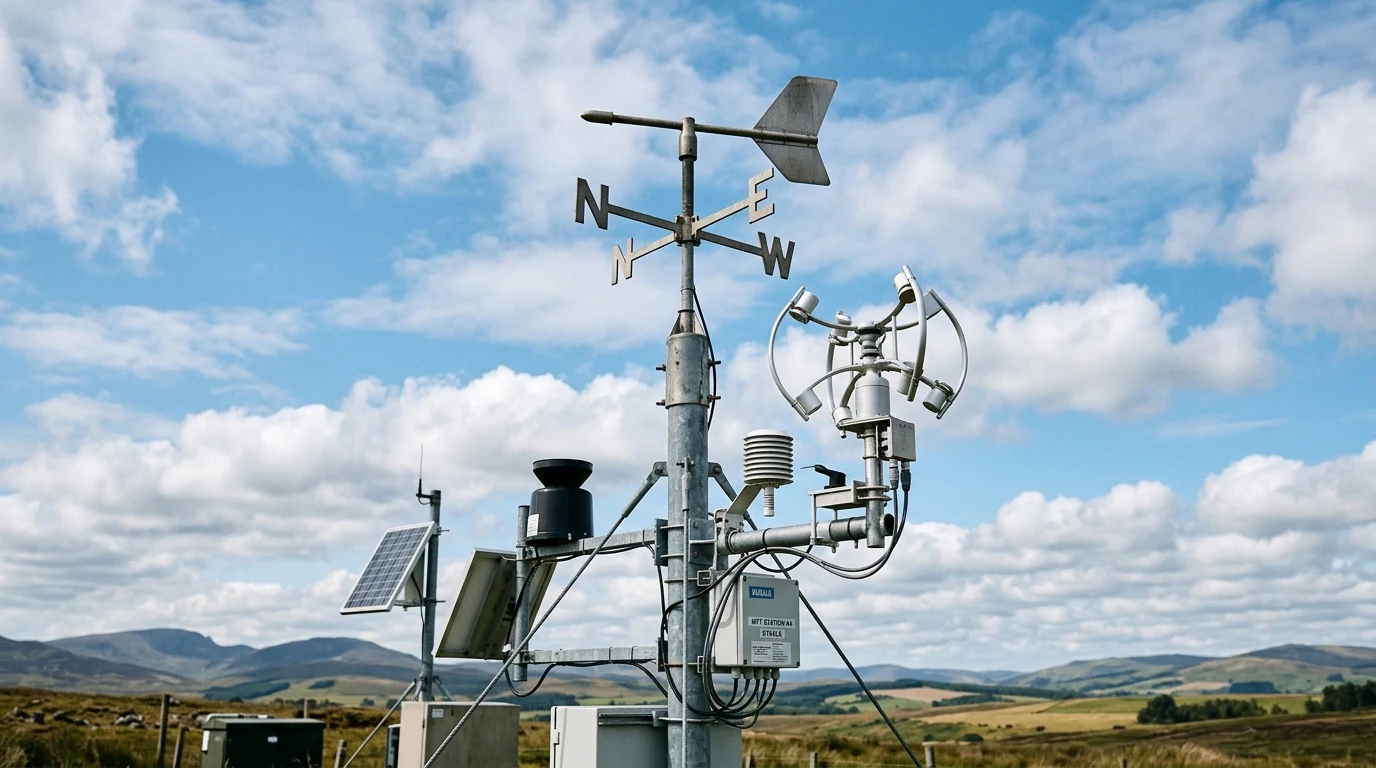 Weather station vane and ultrasonic anemometer showing wind direction compass (AI Generated Image)
